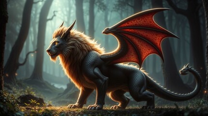 A cute, small, red dragon, like a fluffy toy, sits on a green background