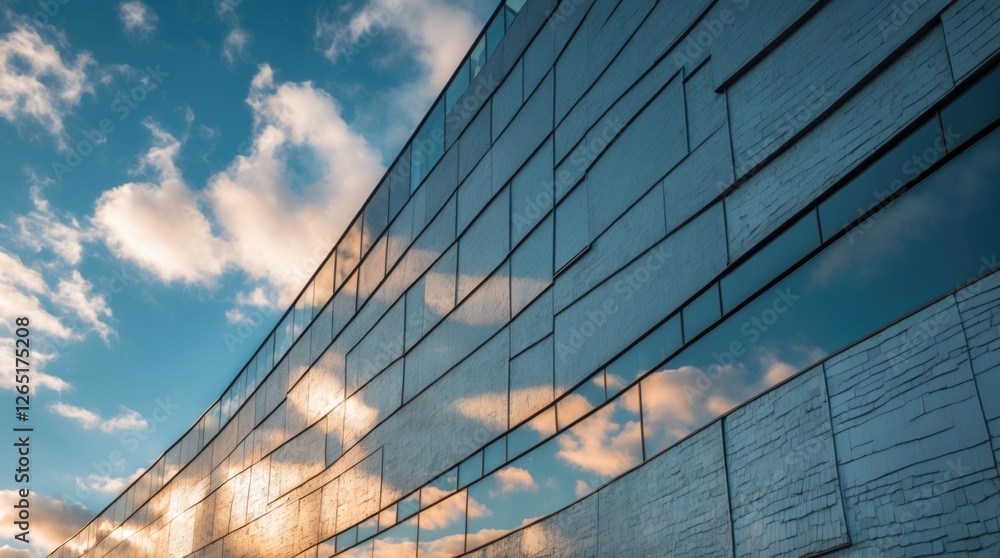 Poster modern building facade with reflective glass panels and cloudy sky in background showcasing architec