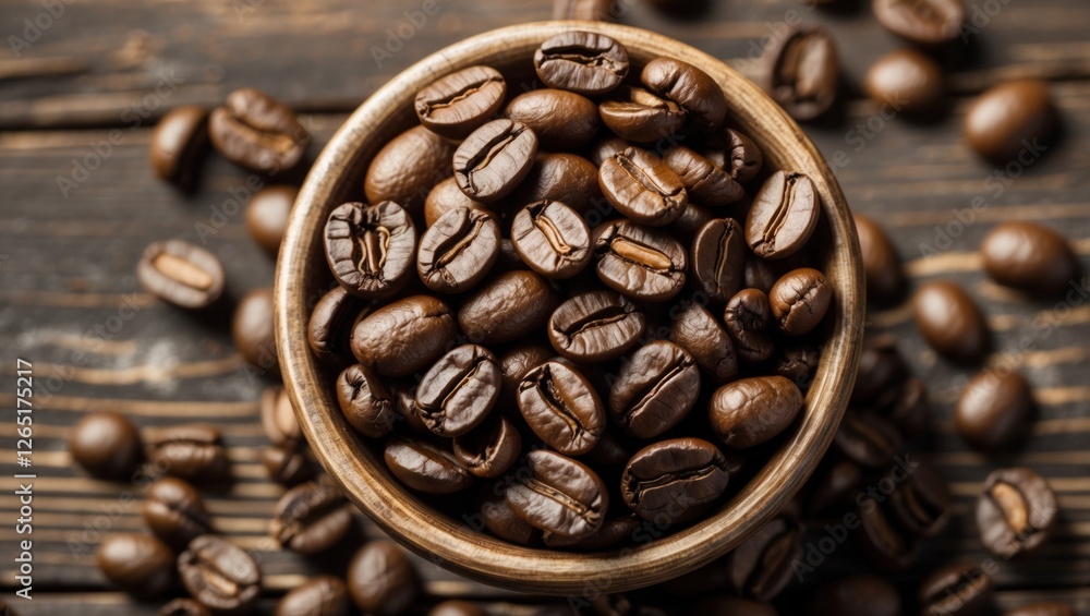 Aufkleber brown coffee beans in a wooden bowl on a rustic wooden surface with scattered beans around, copy spa