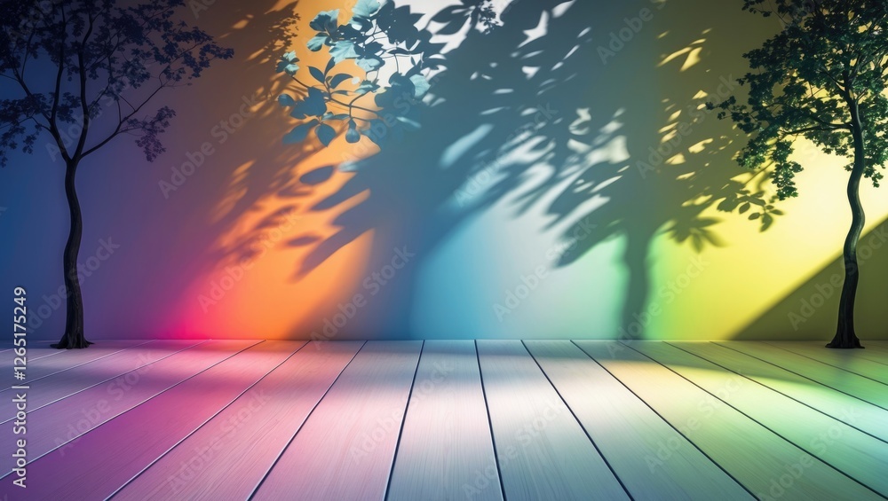 Poster Colorful abstract background with tree shadows projected on a wooden floor and gradient wall, featuring vibrant hues and copy space.