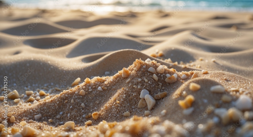 Poster Close-up view of sandy beach with small pebbles and shells against blurred ocean in background natural light Copy Space