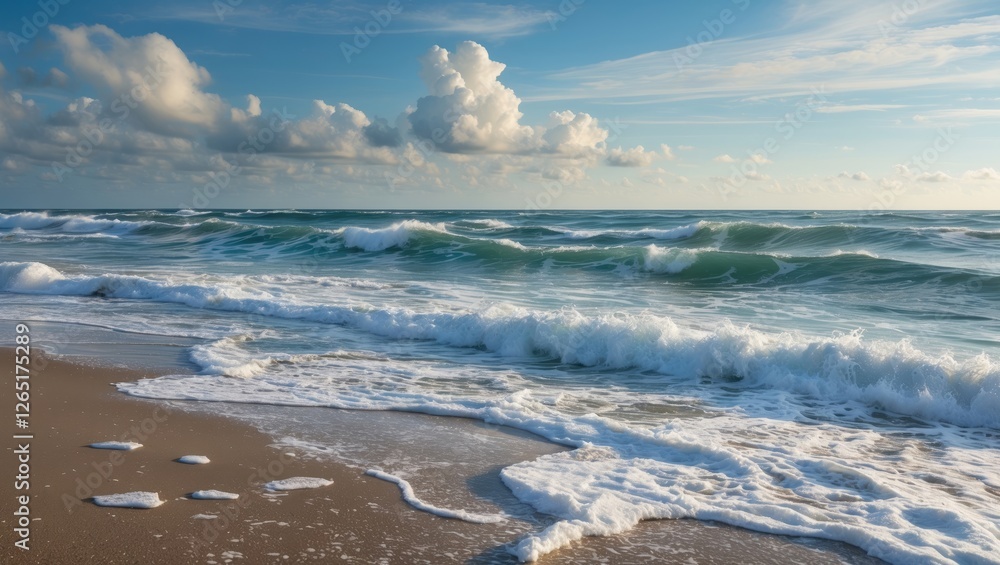 Poster ocean waves gently lapping at the sandy shore with fluffy clouds in a blue sky copy space