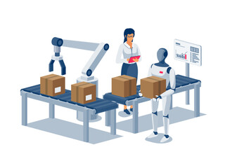 Humanoid robot working on assembly line. Industrial robot manipulating with parcel on conveyor belt table. Robotic arm on workstation. Human manager controlling automated packaging distribution system