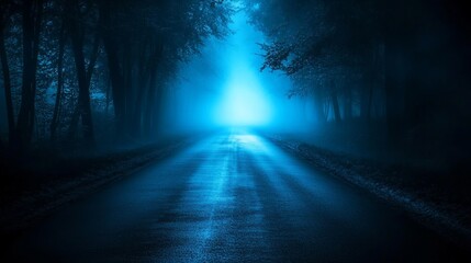 A dark, empty street with a dark blue background enveloped in fog and lit by a mysterious blue glow, creating an eerie atmosphere.