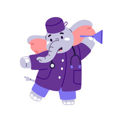 Cute elephant ENT doctor with stethoscope. Anthropomorphic animal pediatric doc, pediatrician, otolaryngologist with medic equipment. Kids' health care. Flat isolated vector illustration on white