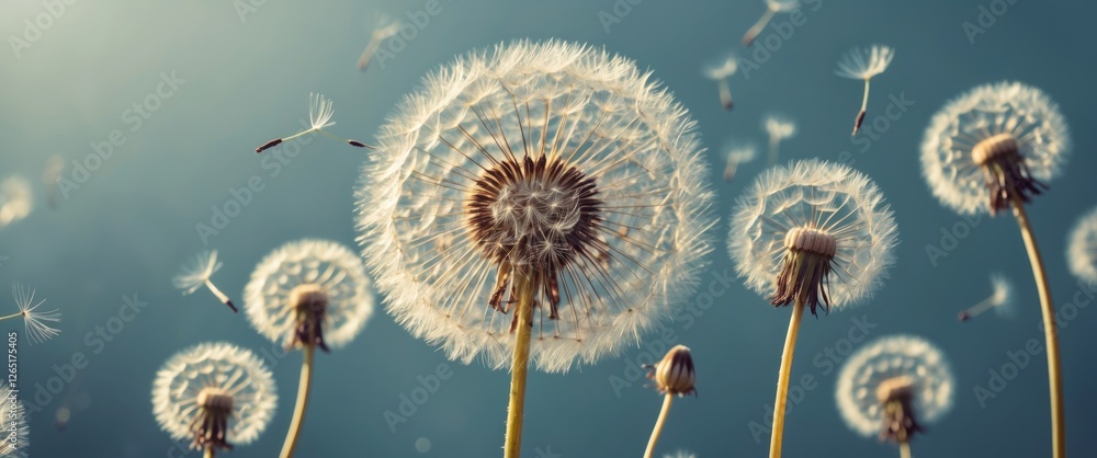 Poster dandelion seed heads blowing in the wind with soft blue background and flying seeds indicating movem