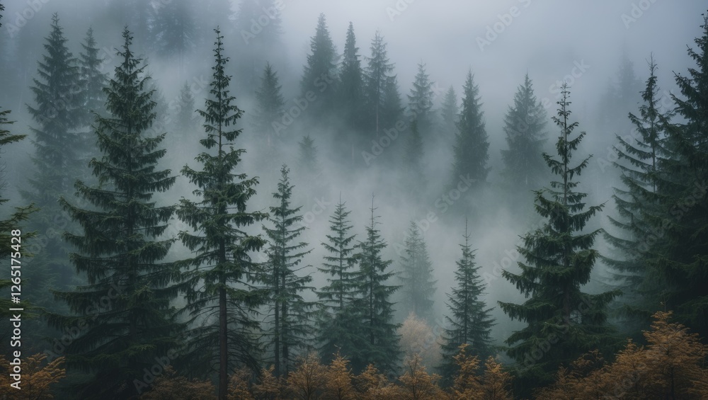 Poster Misty forest landscape with tall coniferous trees obscured by fog and soft sunlight filtering through the foliage. Copy Space