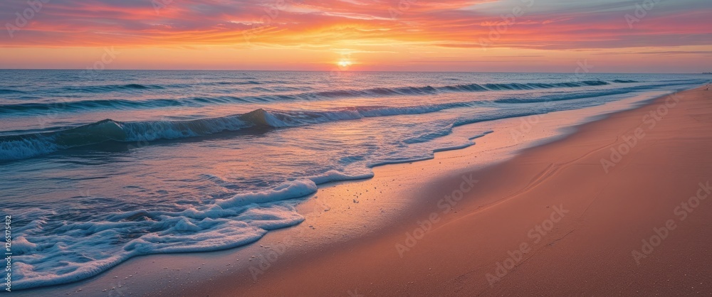 Poster sunset over calm ocean waves reflecting vibrant colors on sandy beach with soft clouds and tranquil 