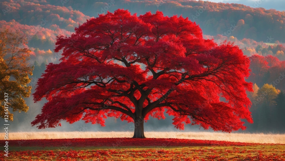 Poster Vibrant red maple tree in autumn landscape with colorful foliage and soft morning light on a serene field with grass and distant hills
