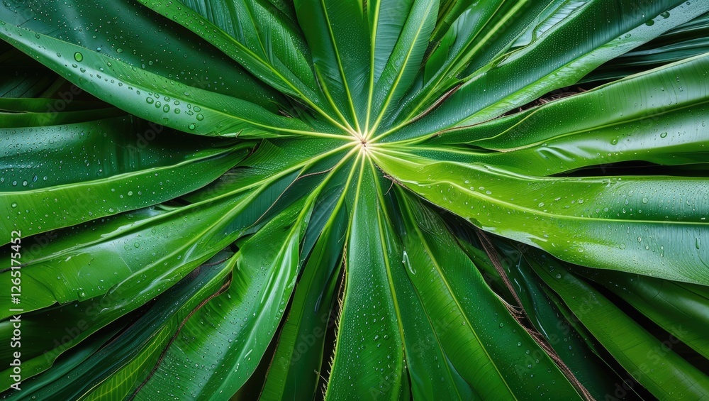 Poster spiral arrangement of vibrant green palm leaves with droplets on surface top view natural background