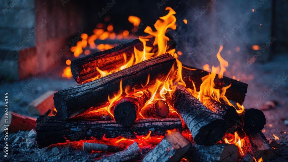 Poster burning logs in a campfire with bright flames and glowing embers against a dark background providing