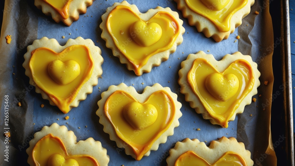 Aufkleber heart-shaped cookies with yellow icing arranged on a baking tray. copy space