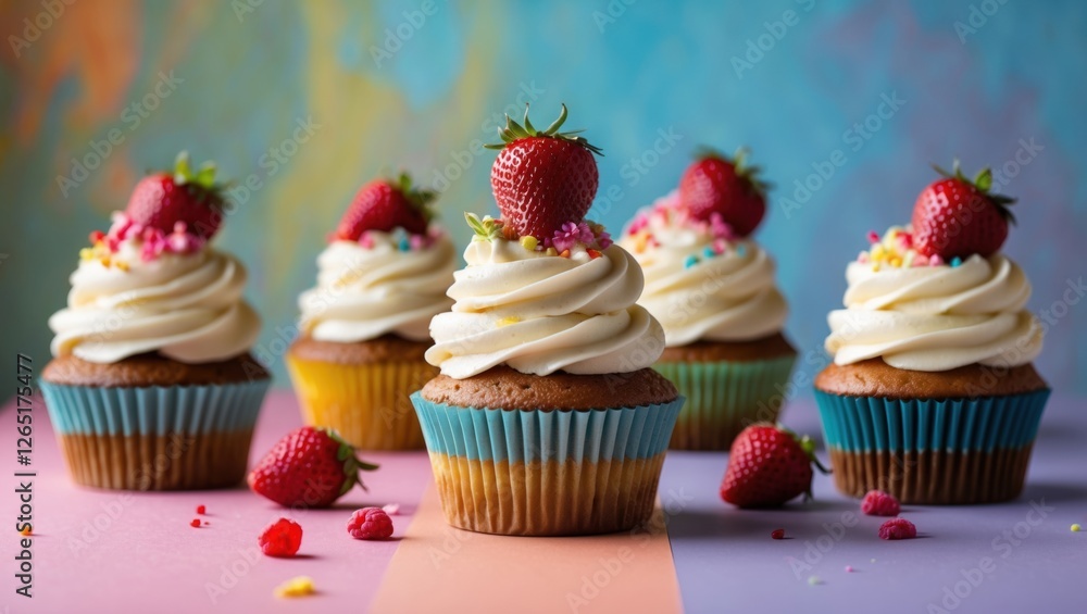 Poster colorful decorated cupcakes with whipped cream icing and fresh strawberries on top arranged on a pas