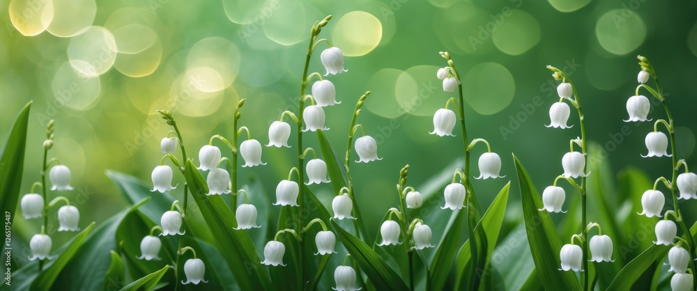 Poster delicate white bell-shaped flowers in lush green foliage with soft bokeh background, nature close-up