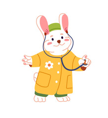 Happy anthropomorphic bunny pediatrician listens to with stethoscope. Cute animal doctor does examination. Rabbit pediatric doc, hare medic. Health care. Flat isolated vector illustration on white.