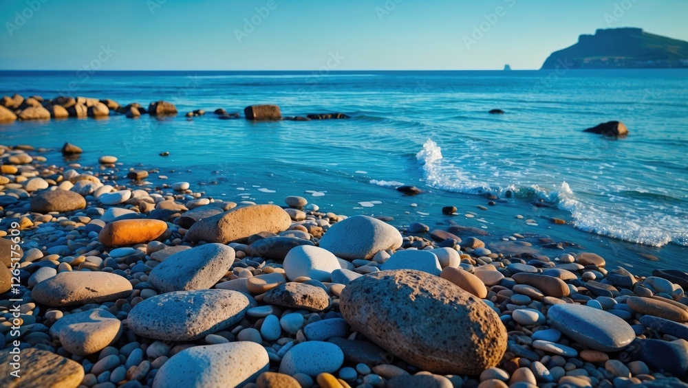 Poster coastal scenery with smooth stones on a beach shoreline and gentle waves lapping at the shore under 
