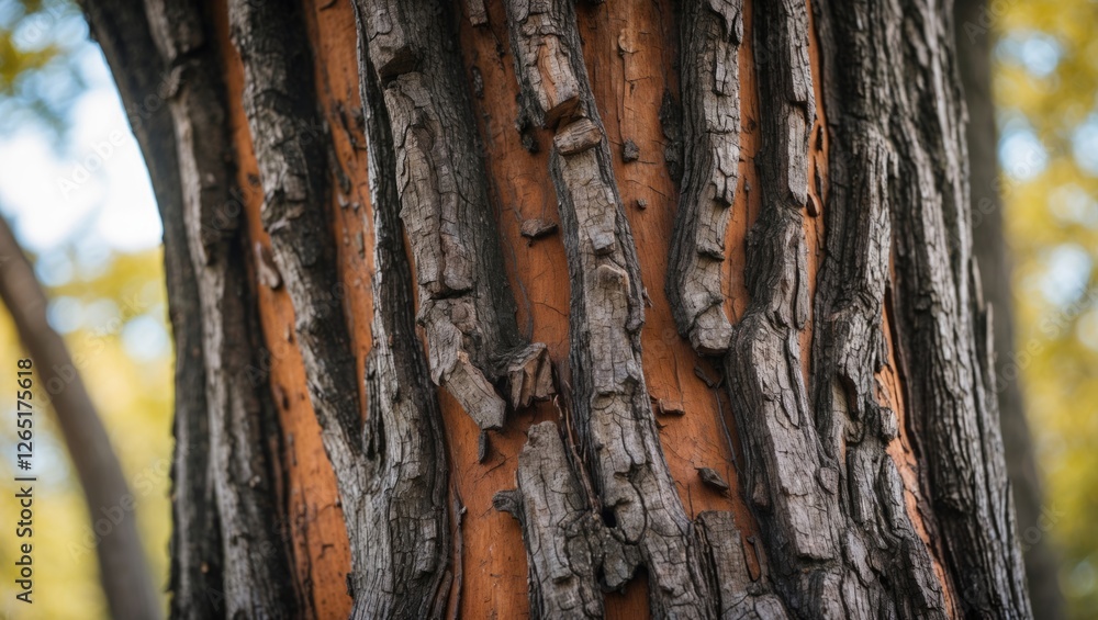 Aufkleber Close-up view of textured tree bark showing detailed patterns and colors with blurred background of leaves in soft natural light Copy Space