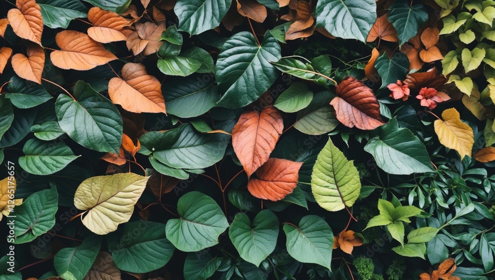 Poster Assorted green and autumn leaves background texture with vibrant colors and natural patterns suitable for decorative purposes Copy Space
