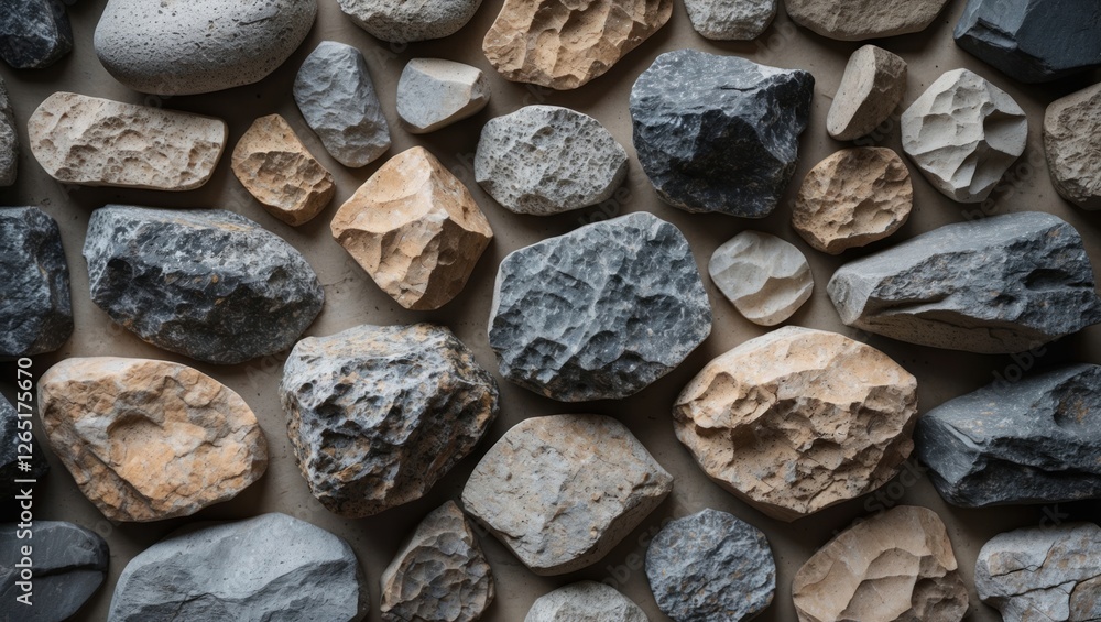 Poster variety of textured stones and pebbles in different colors and shapes arranged on a flat surface wit