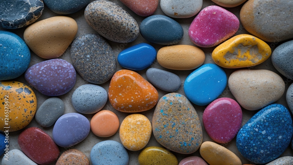Poster colorful smooth pebbles arranged on a flat surface with various shades and textures copy space