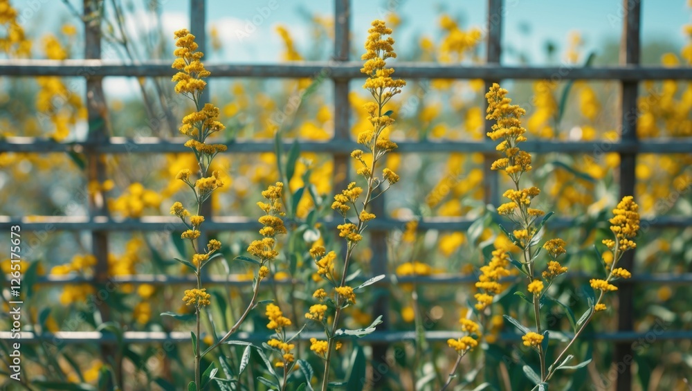 Poster yellow wildflowers growing with a rustic metal fence in the background natural setting with blue sky