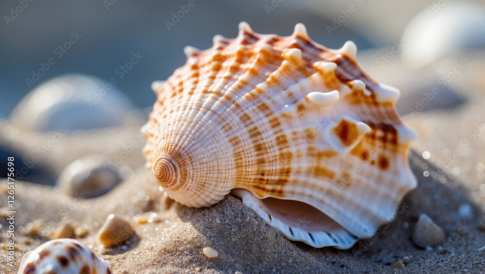 Poster Close-up of a beautiful seashell on sandy beach with small pebbles in the background and natural light Copy Space