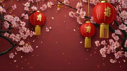 Silk Red Lanterns on Textured Red Background