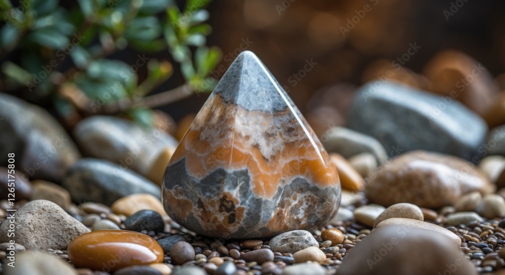 Aufkleber Colorful polished stone with unique patterns surrounded by various smooth pebbles in natural setting offering Copy Space for text.