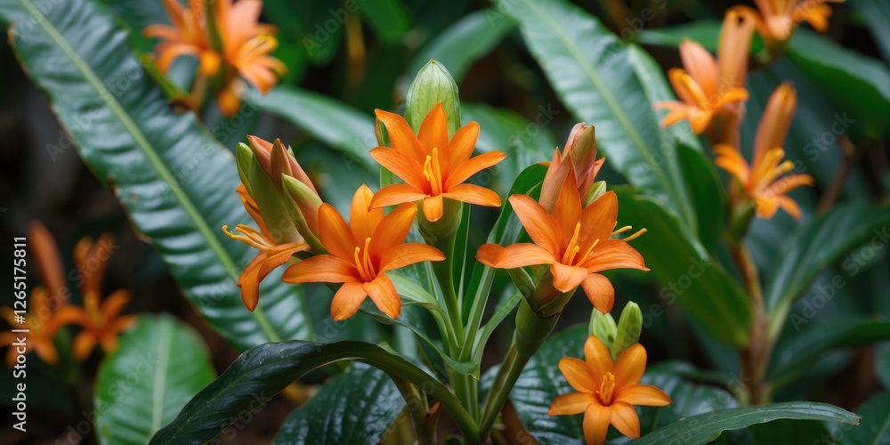 Poster vibrant cluster of orange flowers surrounded by lush green leaves in a natural setting with copy spa