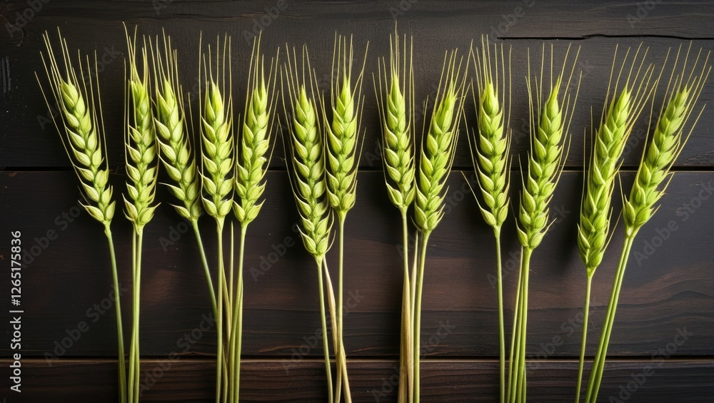 Aufkleber Fresh green wheat ears arranged in a row on a dark wooden surface with ample copy space for text placement