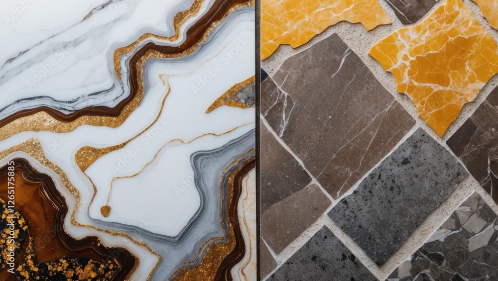 Poster patterns of marble and stone with golden accents on white and gray backgrounds suitable for interior