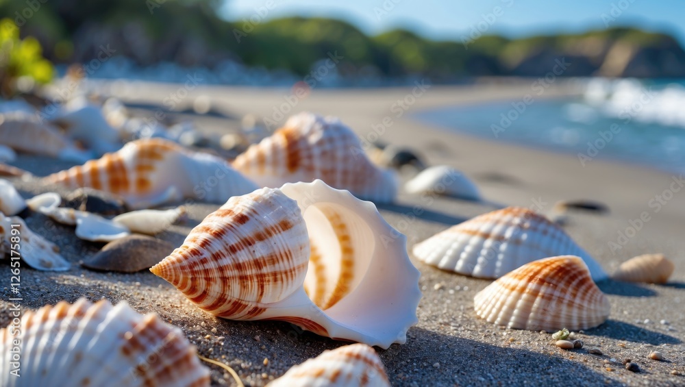 Aufkleber Seashells on sandy beach with coastline and ocean in background natural light and shallow depth of field Copy Space