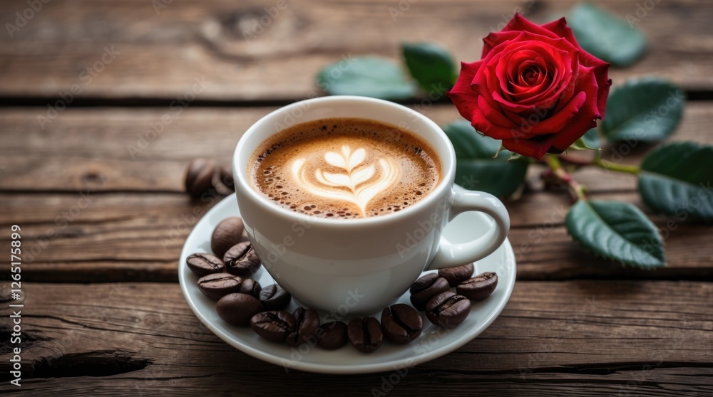Aufkleber Coffee cup with latte art on a wooden table surrounded by coffee beans and a red rose with green leaves near it Copy Space