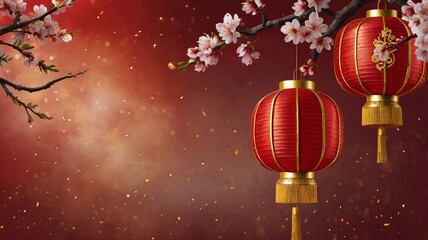 Silk Red Lanterns on Textured Red Background