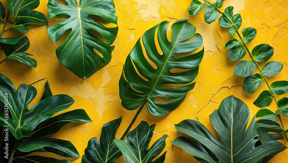 Aufkleber tropical green leaves with a textured yellow wall background creating a vibrant botanical compositio