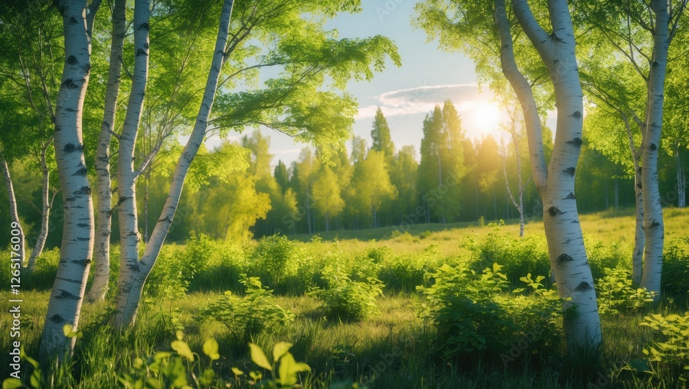 Poster sunlit birch trees in a lush green forest clearing with vibrant foliage and soft sunlight illuminati