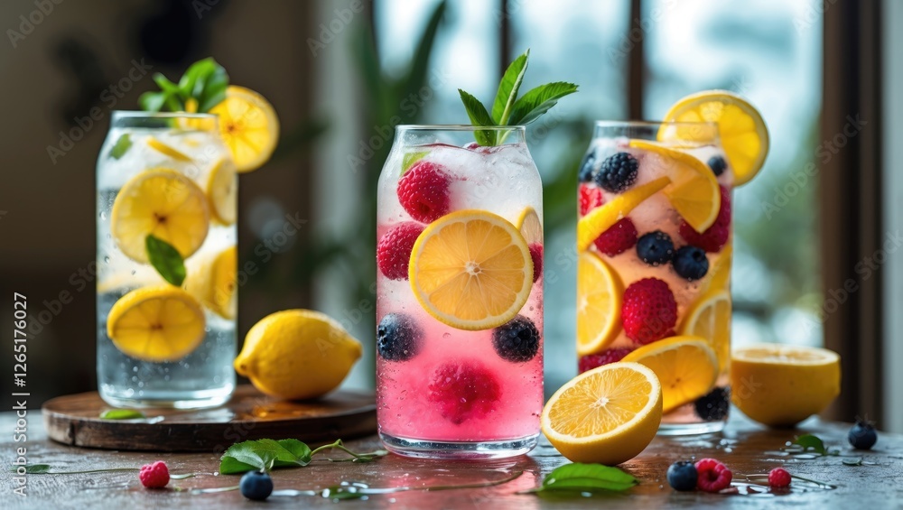 Poster refreshing summer drinks with lemon and berries in tall glasses on a wooden table with copy space fo