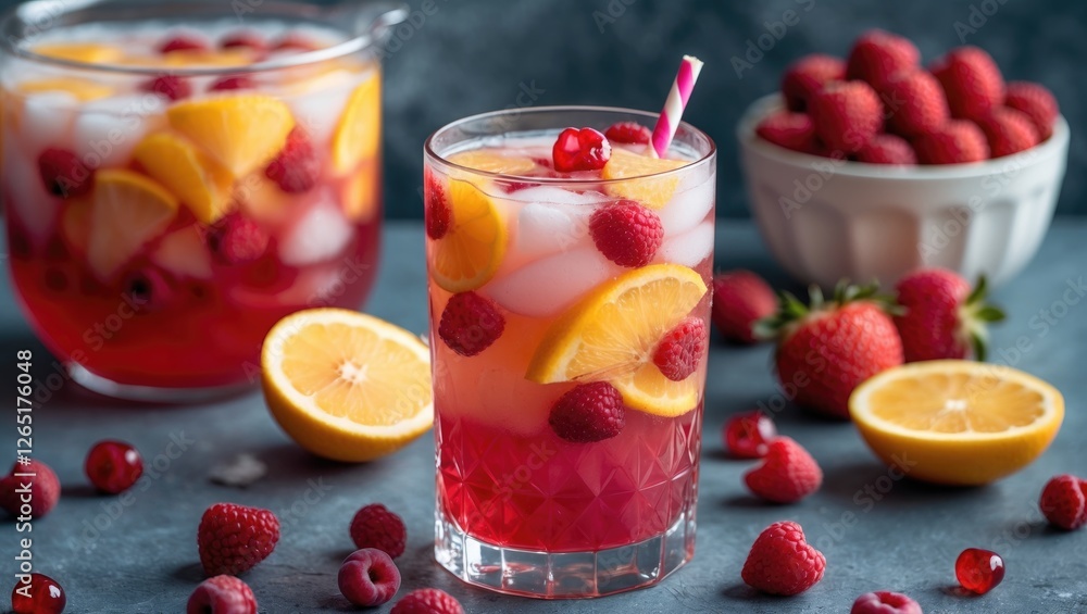 Aufkleber refreshing summer beverage in a glass with raspberries and lemon slices on a dark background with a 