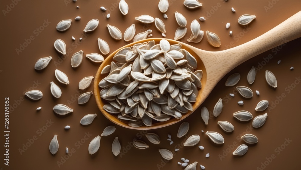 Poster sunflower seeds in a wooden spoon surrounded by scattered seeds on a brown background with copy spac