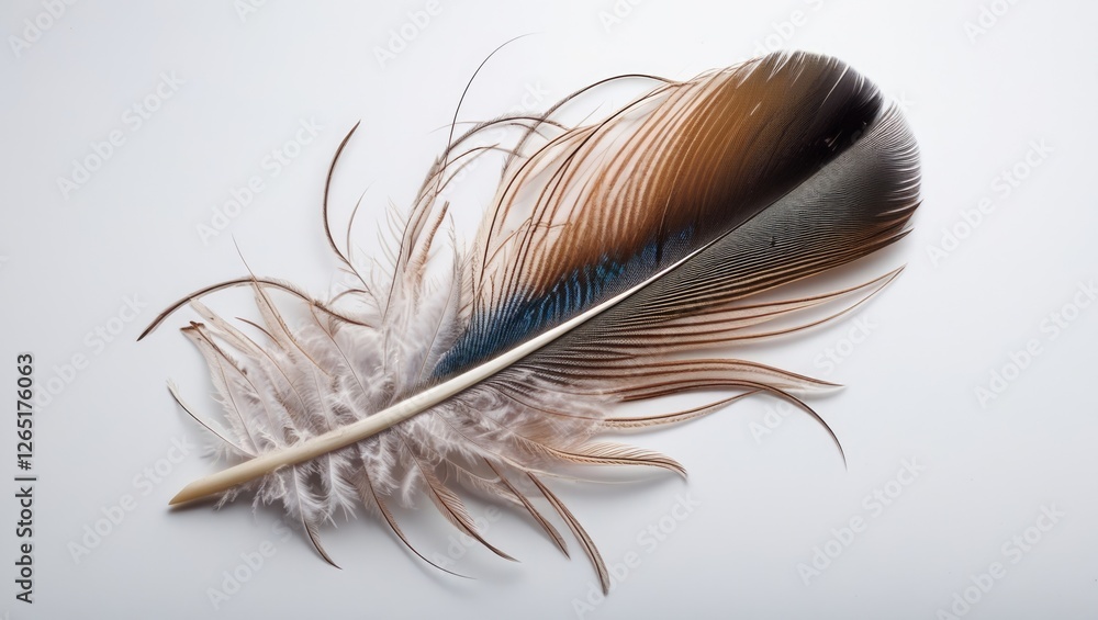 Poster Detailed close-up of a colorful exotic feather with intricate patterns and textures on a light background with Copy Space.