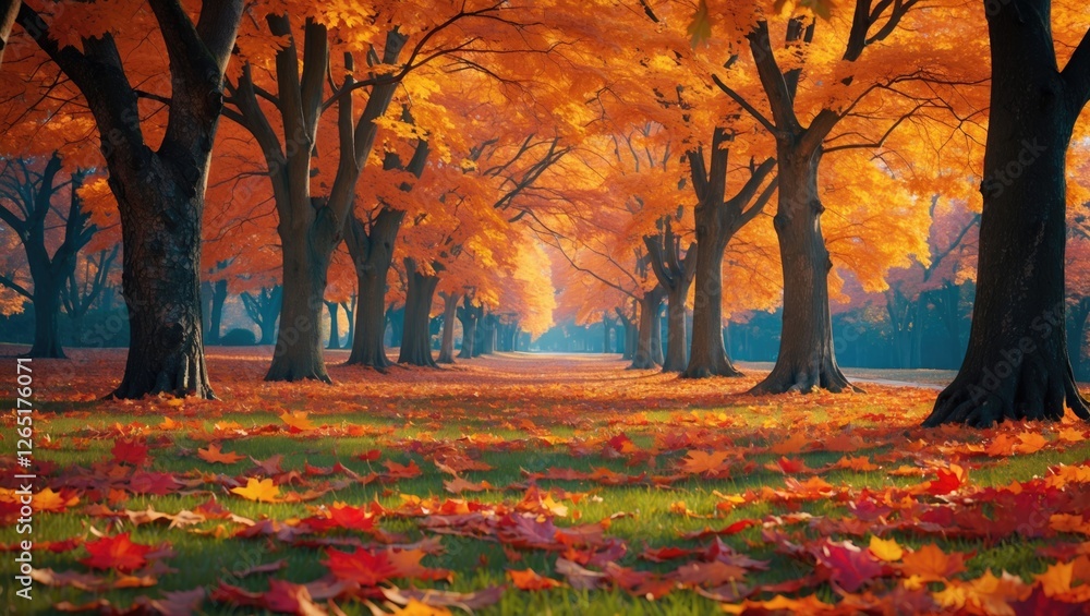 Poster vibrant autumn forest pathway with colorful orange and red foliage on trees and ground under clear b