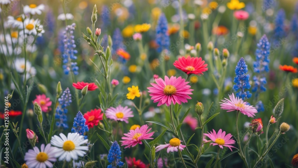 Poster colorful wildflower meadow featuring various blooming flowers in a lush green field with copy space 