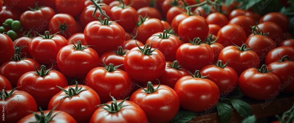 Aufkleber Fresh ripe red tomatoes arranged in a crate with green foliage background and ample Copy Space for text overlay