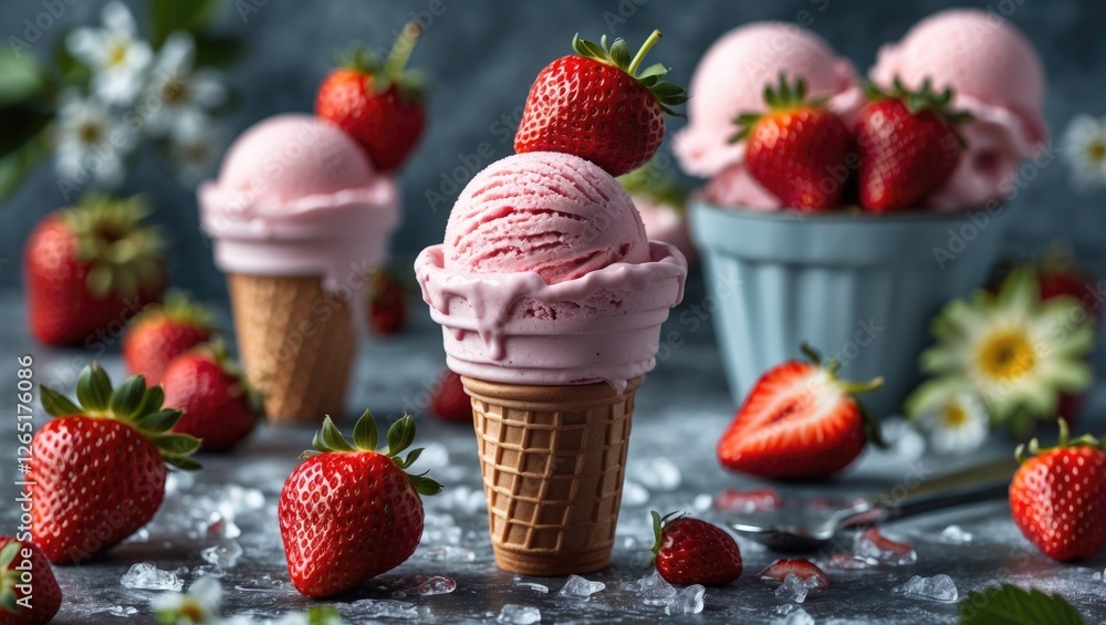 Poster strawberry ice cream in waffle cones surrounded by fresh strawberries and ice on a textured backgrou
