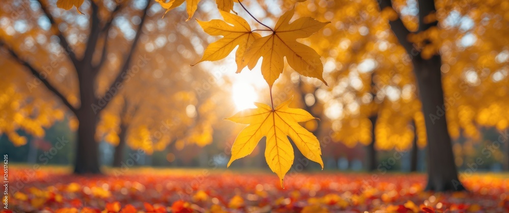 Aufkleber Autumn foliage with yellow maple leaves against a blurred background of trees and fallen leaves illuminated by sunlight in a park setting Copy Space