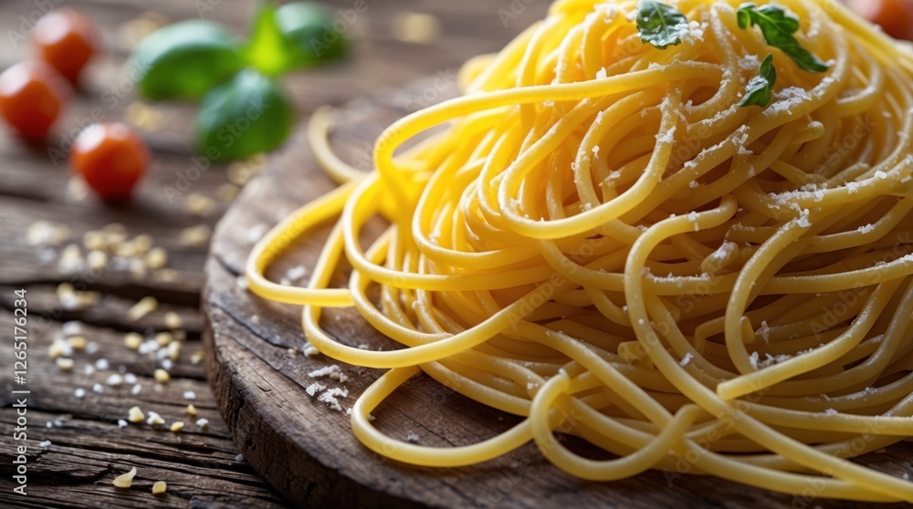 Poster plate of spaghetti pasta garnished with basil leaves on rustic wooden board with cherry tomatoes and