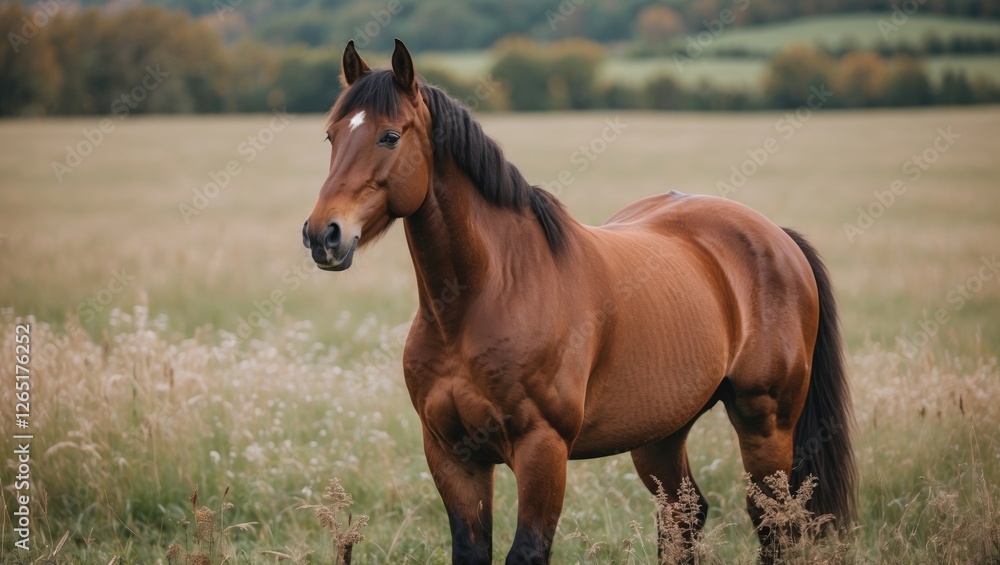 Aufkleber brown horse standing in a green field with tall grass and trees in the background copy space