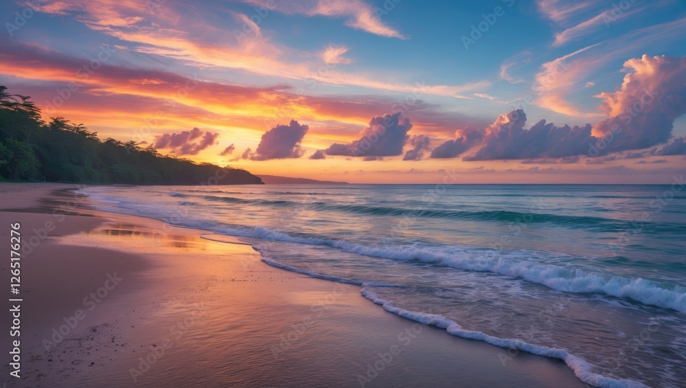 Poster serene beach landscape during sunset with colorful clouds and gentle waves reflecting light on a san