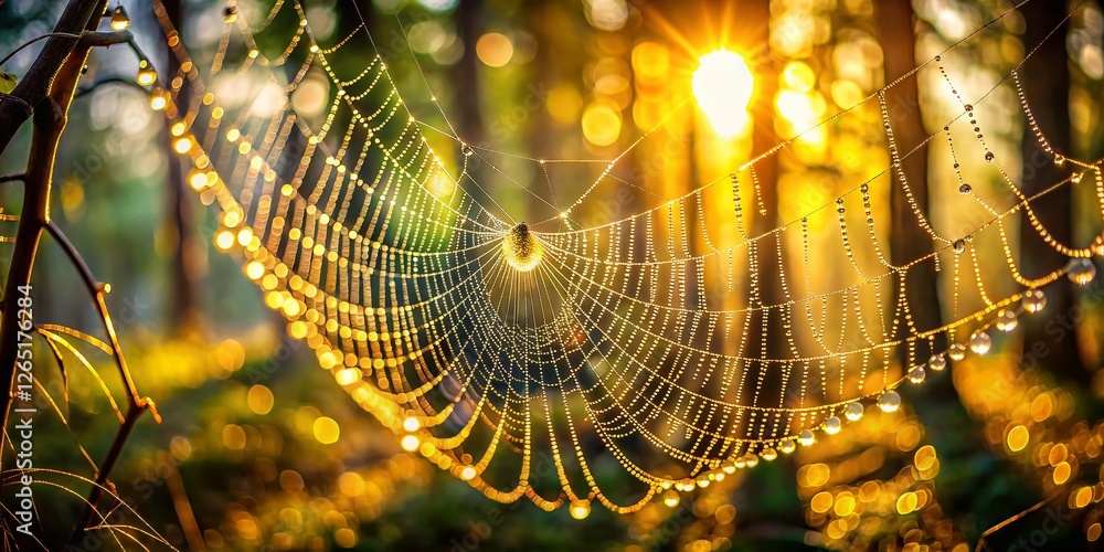 Poster sunlit forest dew drops on spiderweb - bokeh effect stock photo
