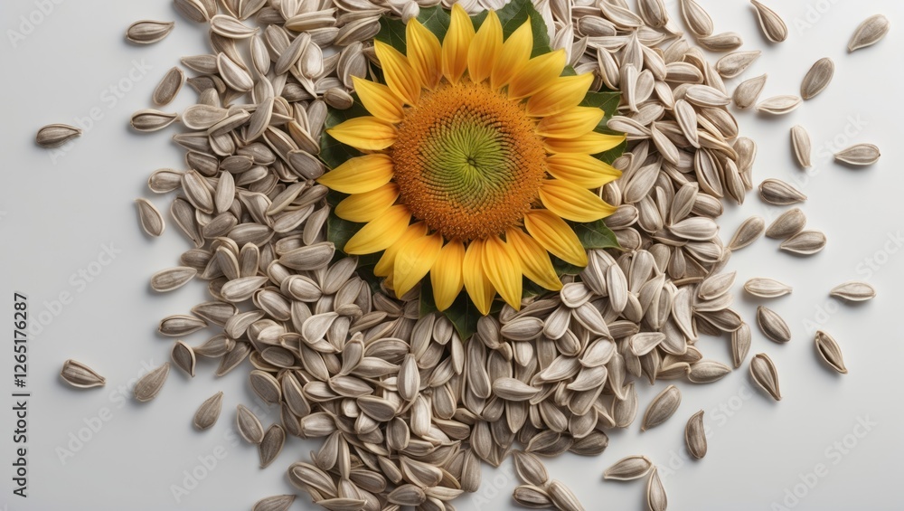 Poster Sunflower surrounded by scattered sunflower seeds on a white background with ample copy space for text placement.
